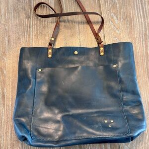 Stylish Blue Leather Tote Bag with Brown Straps